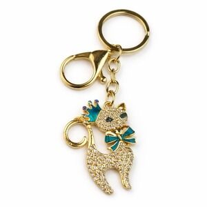 Teal Princess Queen Crown Cat Gold Tone Keychain Purse Rhinestone Charm Clip 4"